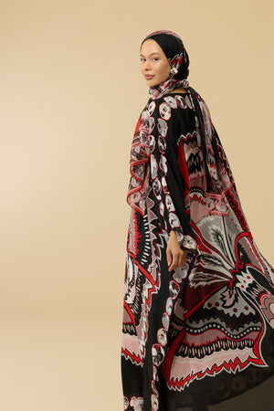 Karanfil Siyah-Kırmızı Krep İpek Kaftan