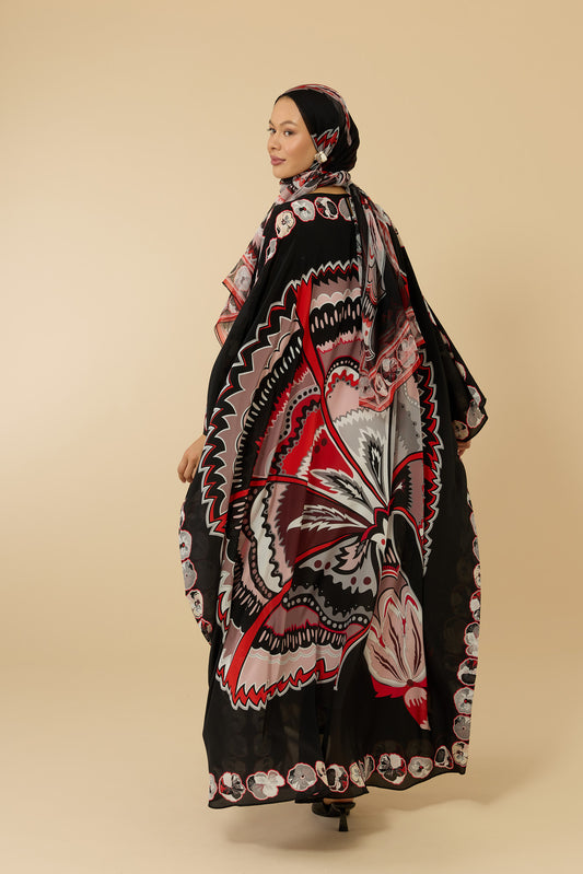 Karanfil Siyah-Kırmızı Krep İpek Kaftan