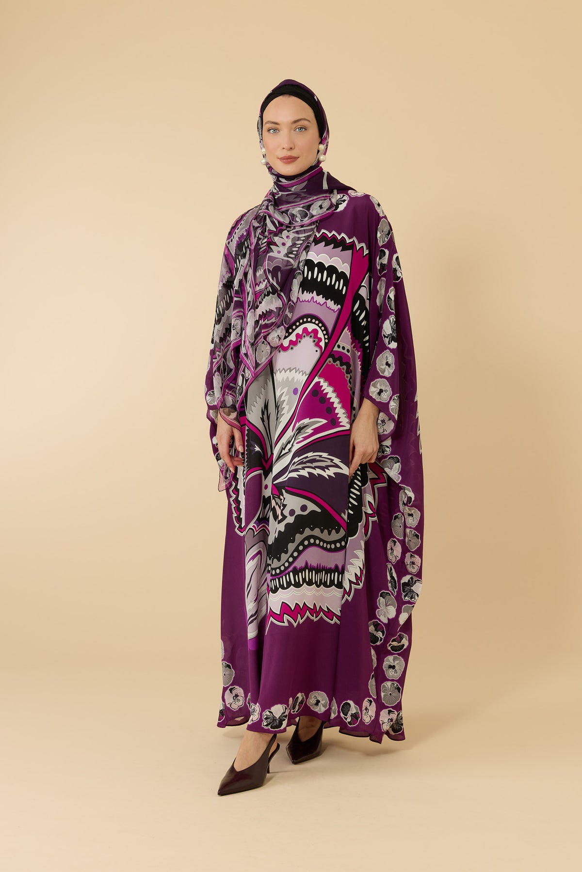 Karanfil Mürdüm Krep İpek Kaftan