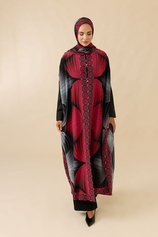 Yelpaze Siyah-Kırmızı Krep İpek Abaya