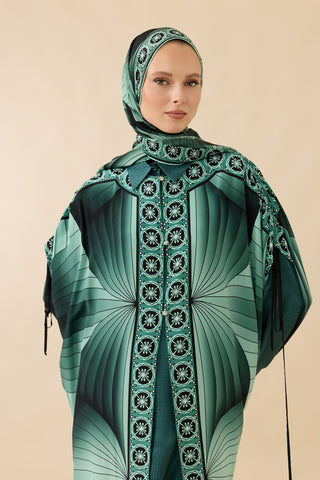 Yelpaze Siyah-Nil Yeşili Krep İpek Abaya