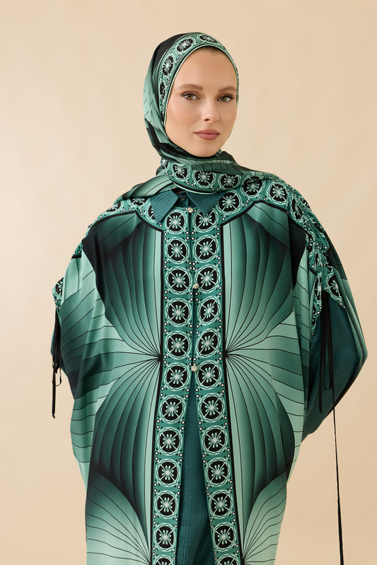 Yelpaze Siyah-Nil Yeşili Krep İpek Abaya