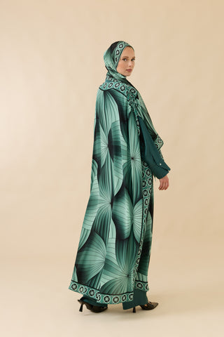 Yelpaze Siyah-Nil Yeşili Krep İpek Abaya