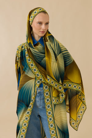 Yelpaze Turkuaz-Sarı Krep İpek Şal 70x210