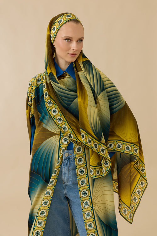 Yelpaze Turkuaz-Sarı Krep İpek Şal 70x210