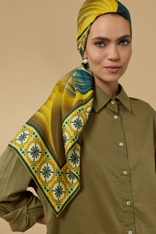 Yelpaze Turkuaz-Sarı İpek Eşarp 90x90