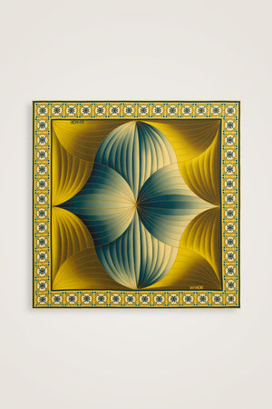 Yelpaze Turkuaz-Sarı İpek Eşarp 90x90