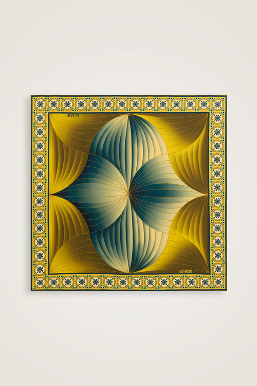 Yelpaze Turkuaz-Sarı İpek Eşarp 90x90