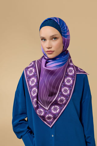 Yelpaze Mor-Mavi İpek Eşarp 90x90