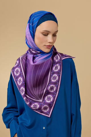 Yelpaze Mor-Mavi İpek Eşarp 90x90