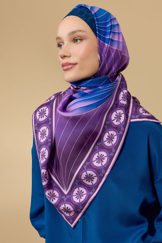 Yelpaze Mor-Mavi İpek Eşarp 90x90
