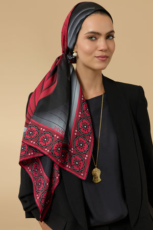 Yelpaze Siyah-Kırmızı İpek Eşarp 90x90