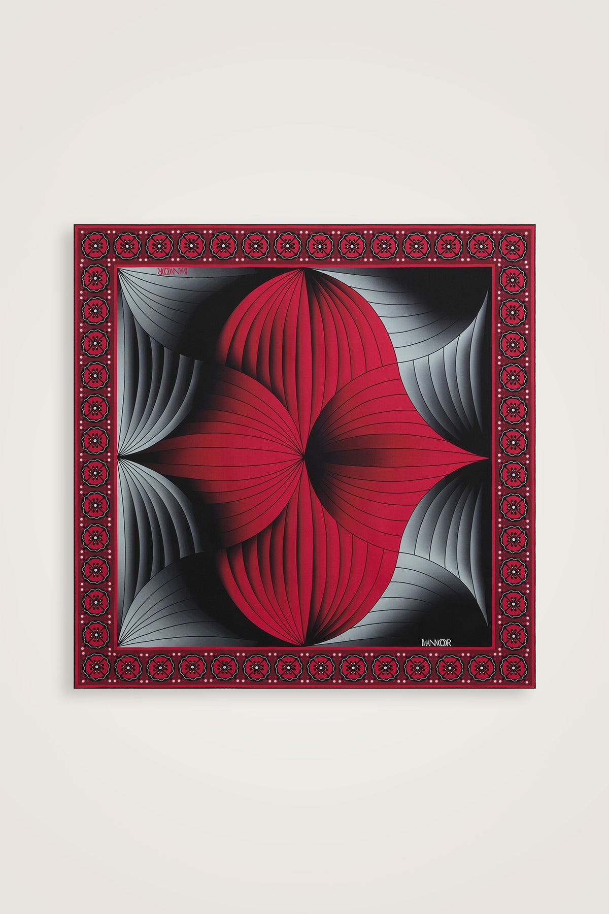Yelpaze Siyah-Kırmızı İpek Eşarp 90x90