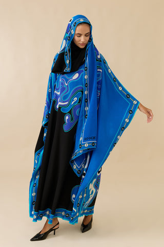 İki Deniz Siyah-Turkuaz Krep İpek Kaftan