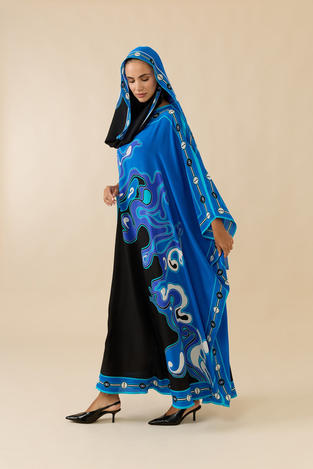 İki Deniz Siyah-Turkuaz Krep İpek Kaftan