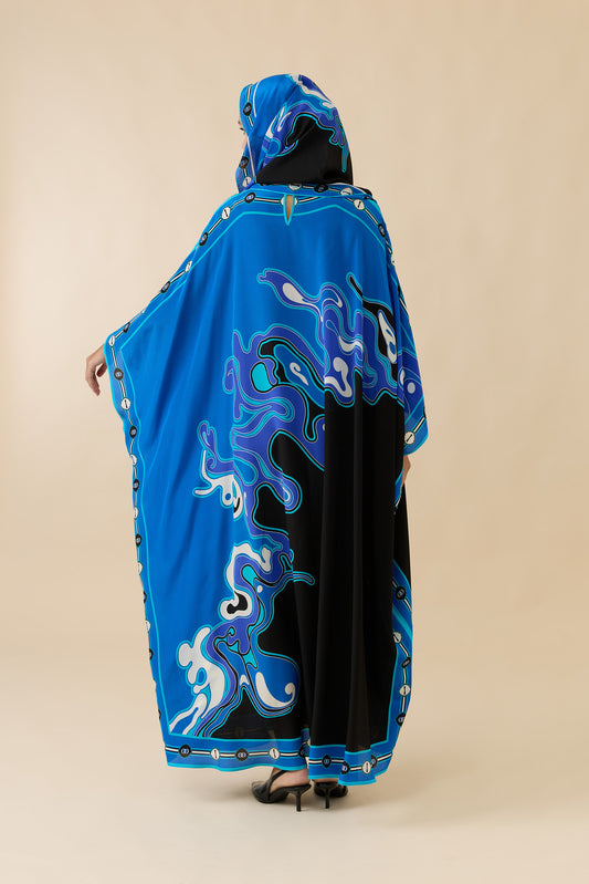 İki Deniz Siyah-Turkuaz Krep İpek Kaftan