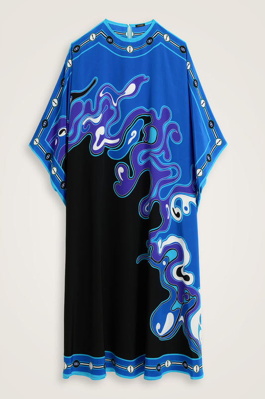 İki Deniz Siyah-Turkuaz Krep İpek Kaftan