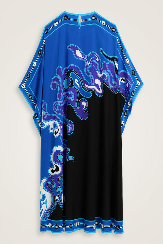 İki Deniz Siyah-Turkuaz Krep İpek Kaftan