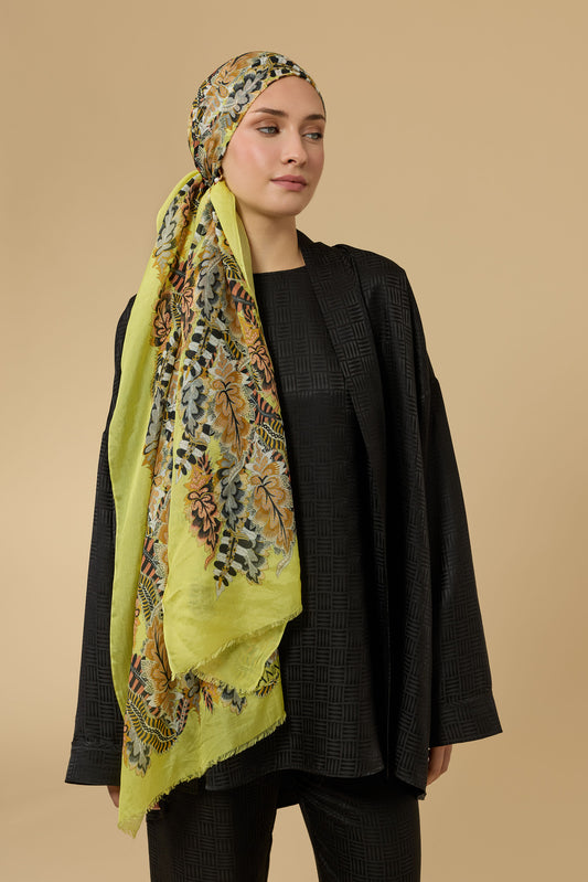 Hurma Dalı Sarı İpek Vual Şal 70x200