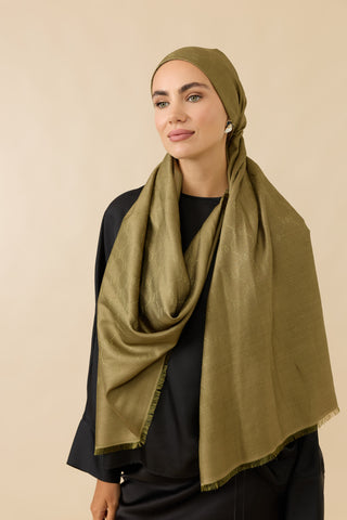 Noor Petek Haki Jakarlı İpek Şal 70x200