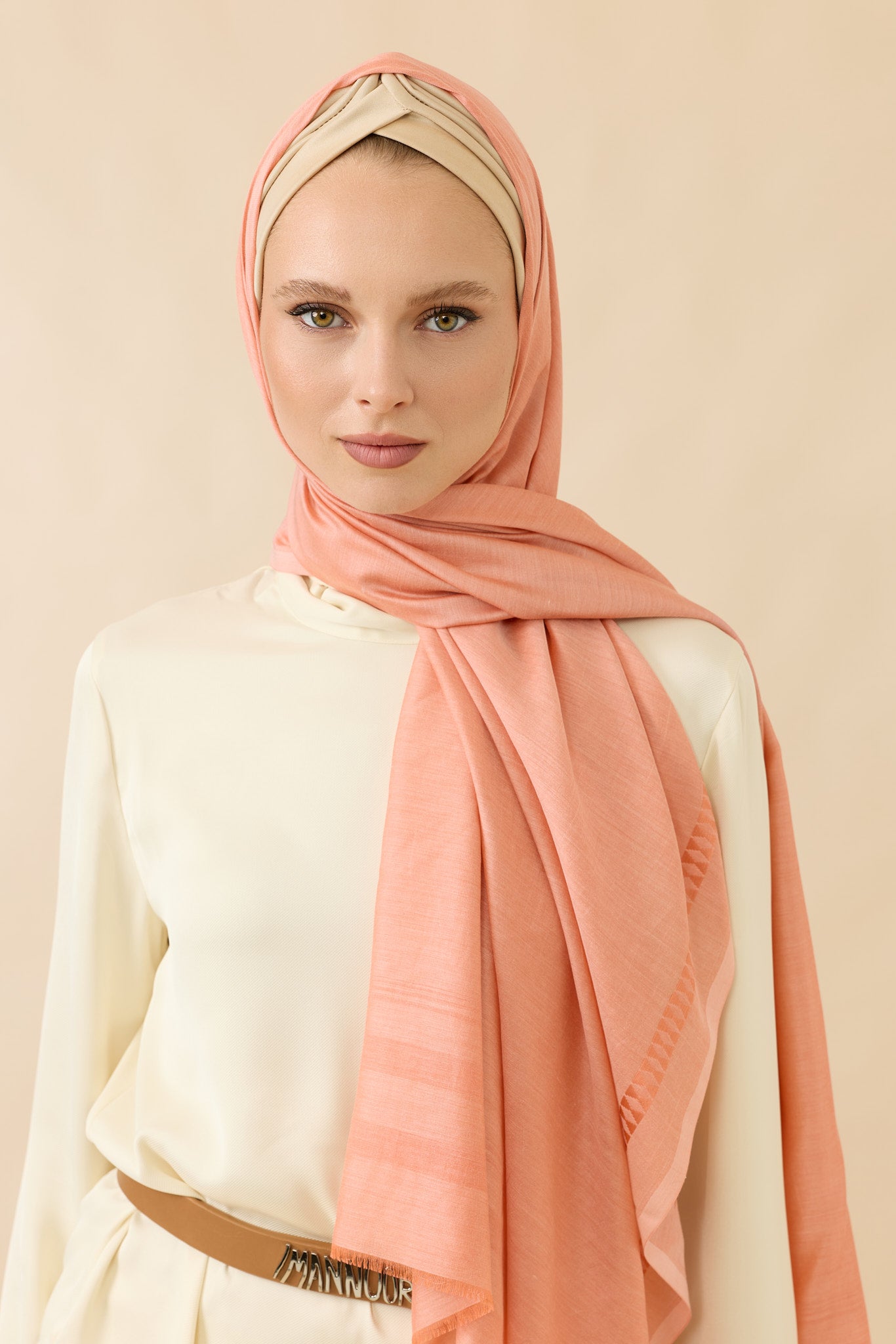 Bordür İman I Açık Şeftali Modal İpek Şal 70x200