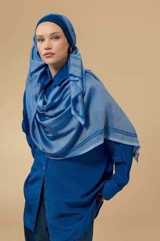 Bordür İman I İndigo Modal İpek Şal 70x200