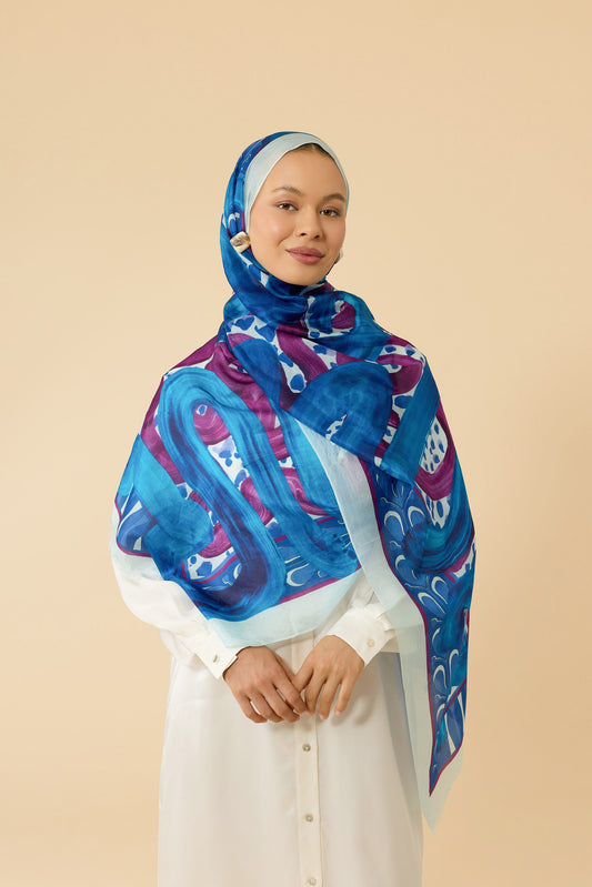 Dere Yolu Fuşya-Saks İpek Vual Şal 70x200