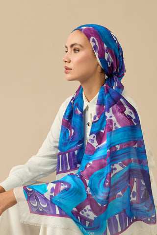 Dere Yolu Fuşya-Saks İpek Vual Şal 70x200