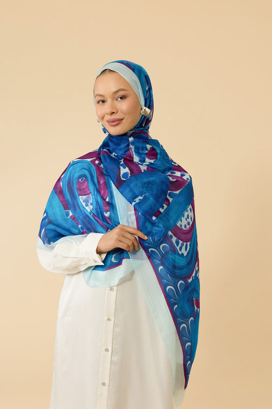 Dere Yolu Fuşya-Saks İpek Vual Şal 70x200