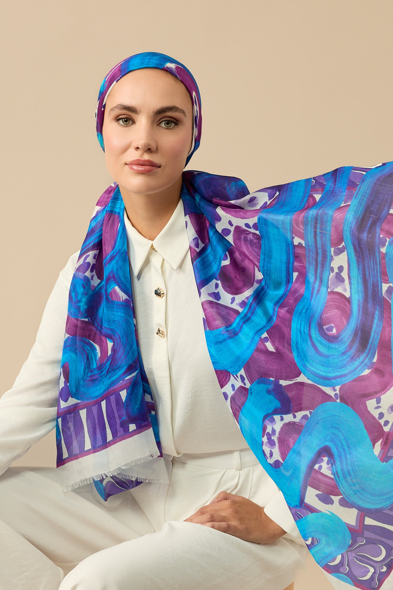 Dere Yolu Fuşya-Saks İpek Vual Şal 70x200
