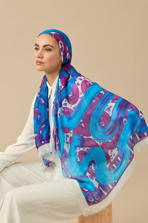 Dere Yolu Fuşya-Saks İpek Vual Şal 70x200