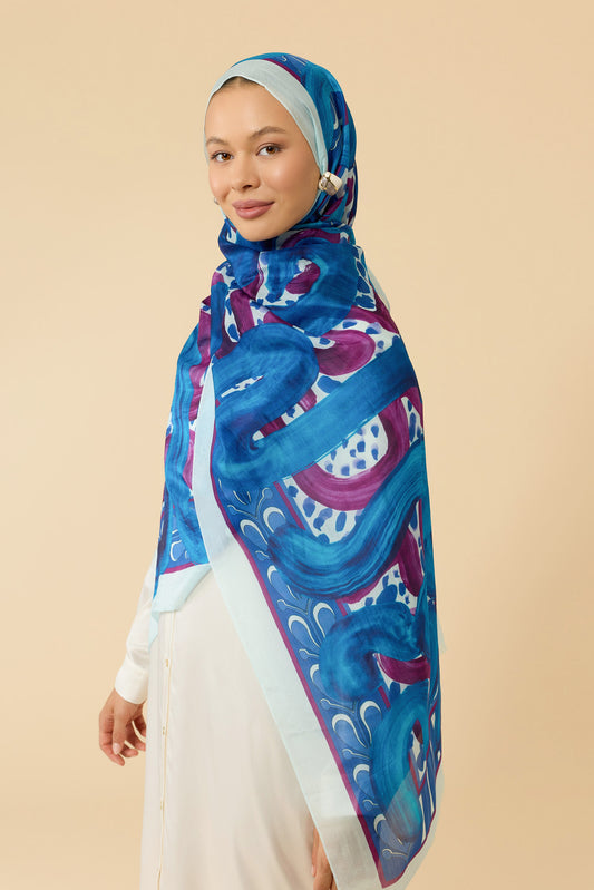 Dere Yolu Fuşya-Saks İpek Vual Şal 70x200