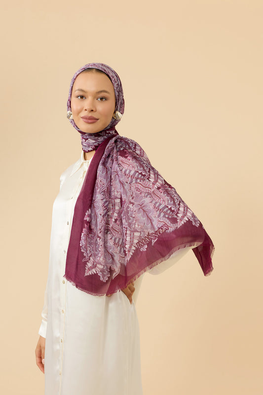 Hurma Dalı Bordo İpek Vual Şal 70x200
