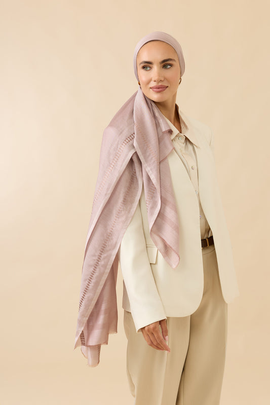Bordür İman I Bulutlu Pembe Modal İpek Şal 70x200