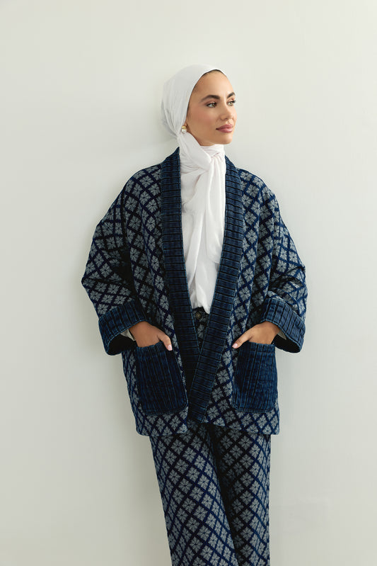 Lacivert Denim Jakarlı Kısa Kimono