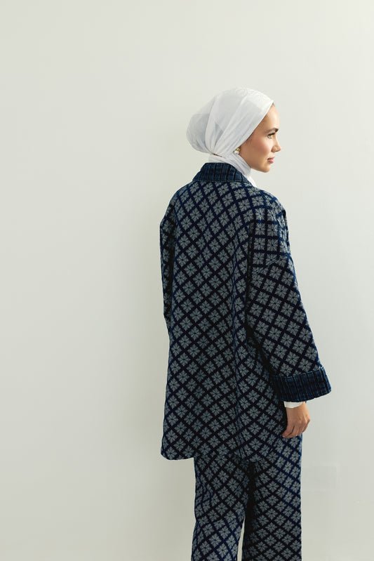 Lacivert Denim Jakarlı Kısa Kimono