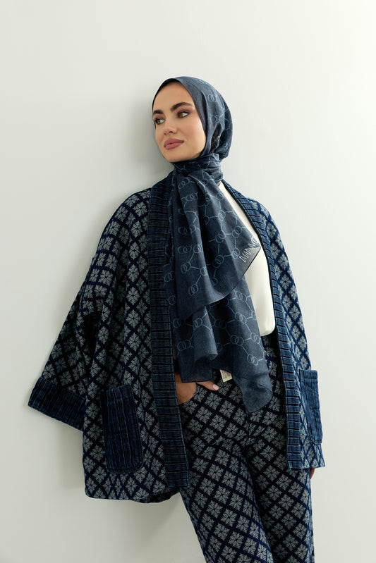 Lacivert Denim Jakarlı Kısa Kimono