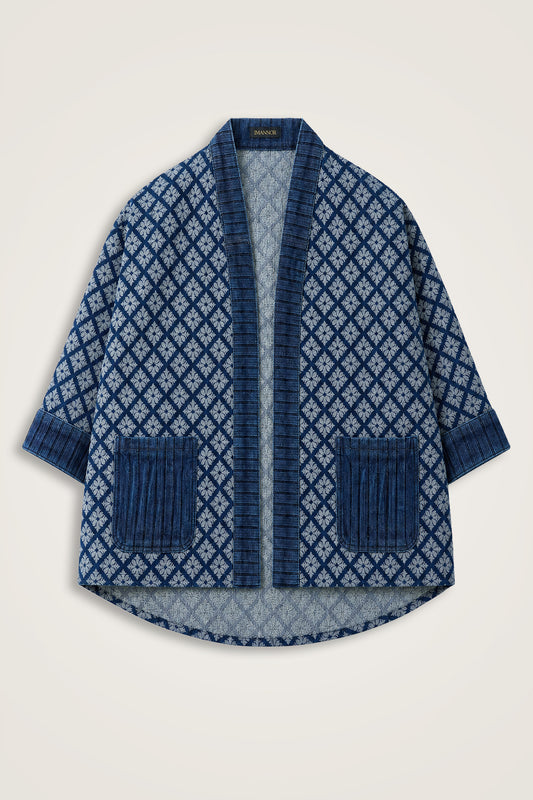 Lacivert Denim Jakarlı Kısa Kimono