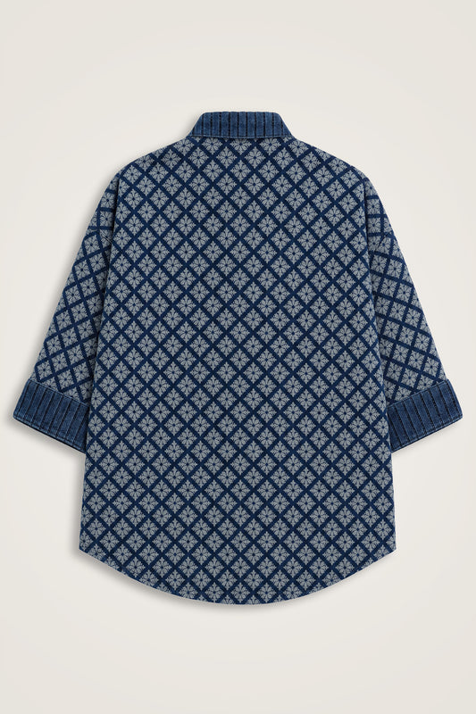 Lacivert Denim Jakarlı Kısa Kimono