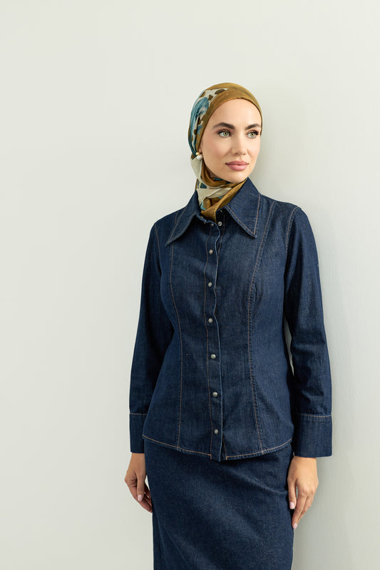 Koyu Lacivert Sivri Yaka Denim Gömlek