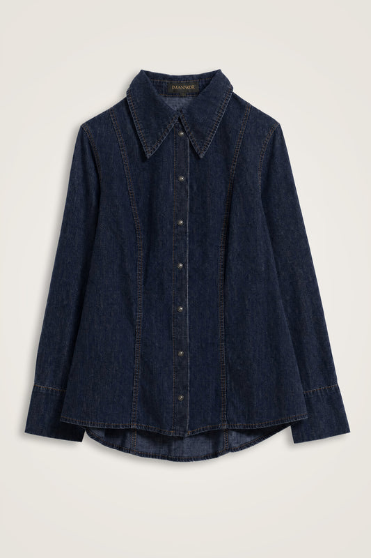 Koyu Lacivert Sivri Yaka Denim Gömlek