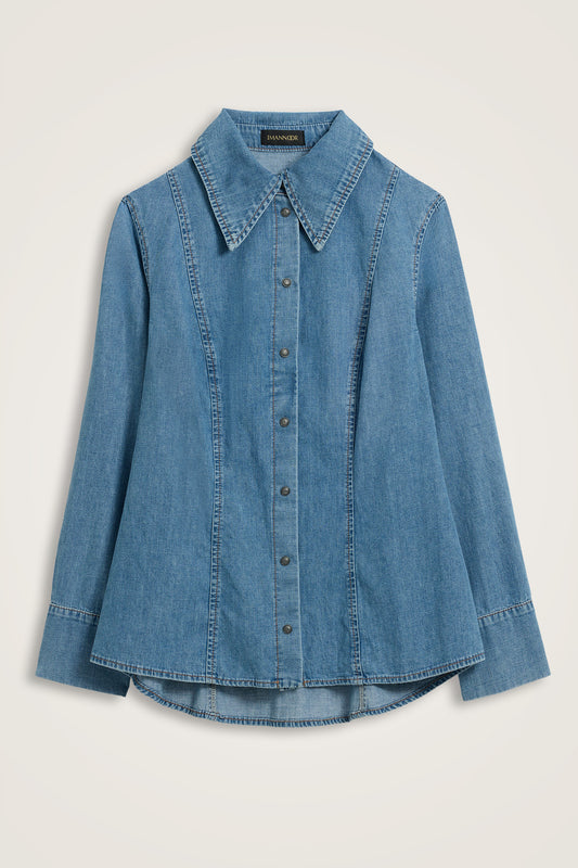 Açık Mavi Sivri Yaka Denim Gömlek