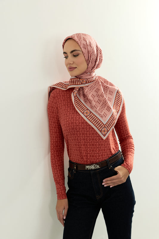 Noor Kare Gül Kurusu Tivil İpek Eşarp 90x90