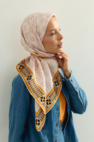 Noor Kare Krem Tivil İpek Eşarp 90x90