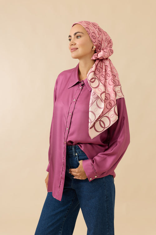 Noor Yolu 2 Beyaz-Pembe Tivil İpek Eşarp 90x90