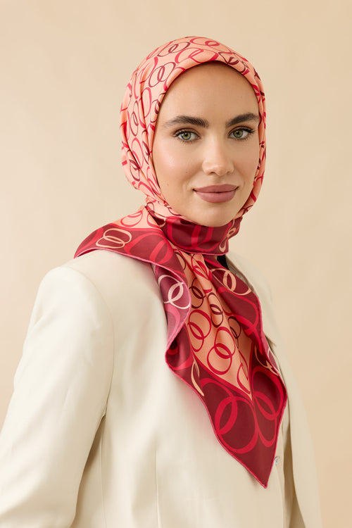 Noor Yolu 2 Kırmızı-Krem Tivil İpek Eşarp 90x90