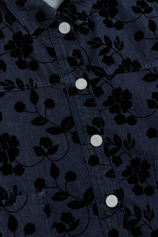 Çiçek Floklu Koyu Mavi Denim Ceket