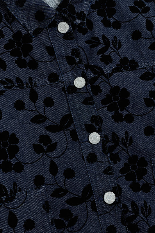 Çiçek Floklu Koyu Mavi Denim Ceket