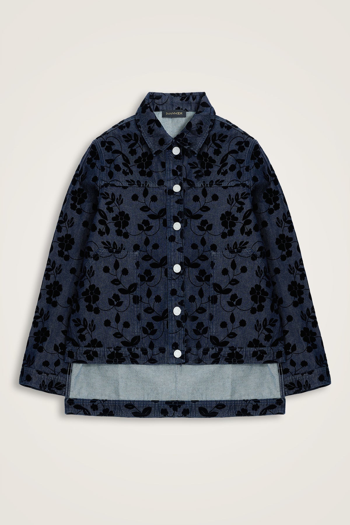 Çiçek Floklu Koyu Mavi Denim Ceket