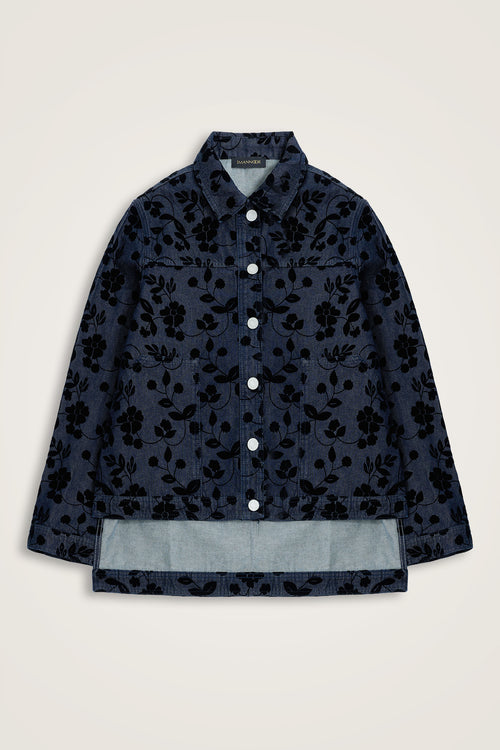 Çiçek Floklu Koyu Mavi Denim Ceket